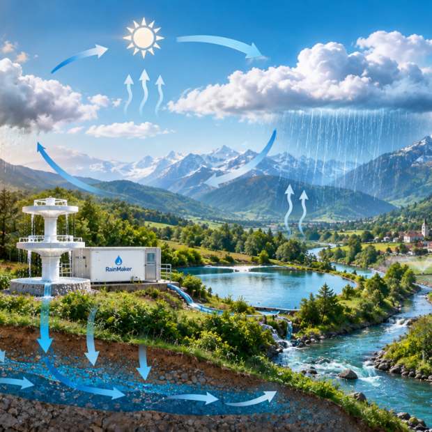 Illustration: Bodenstation, die die Regenbildung in den Wolken unterstützt